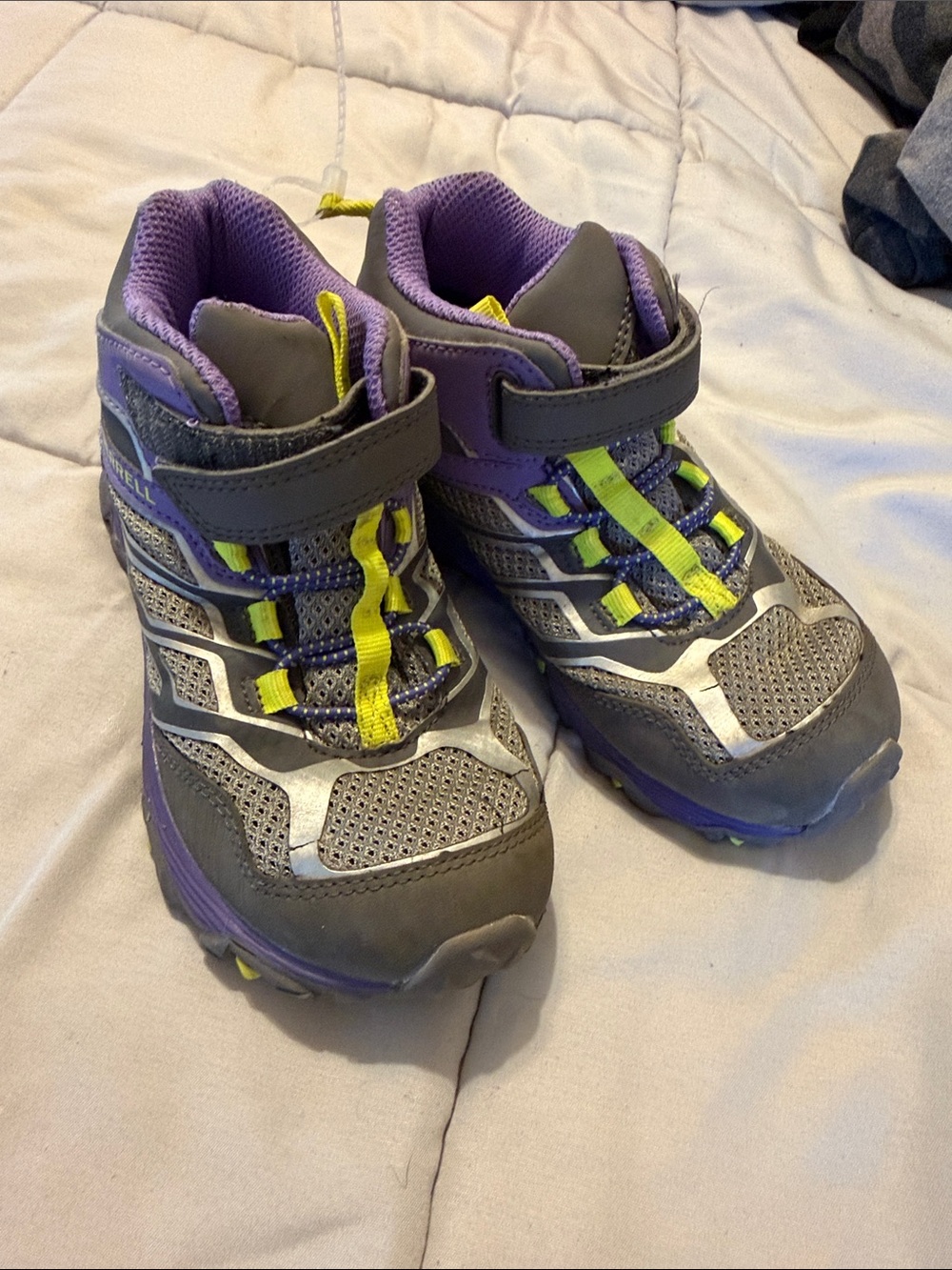 Merrell Kids Gray and Purple Trail Sneakers with Yellow Accents